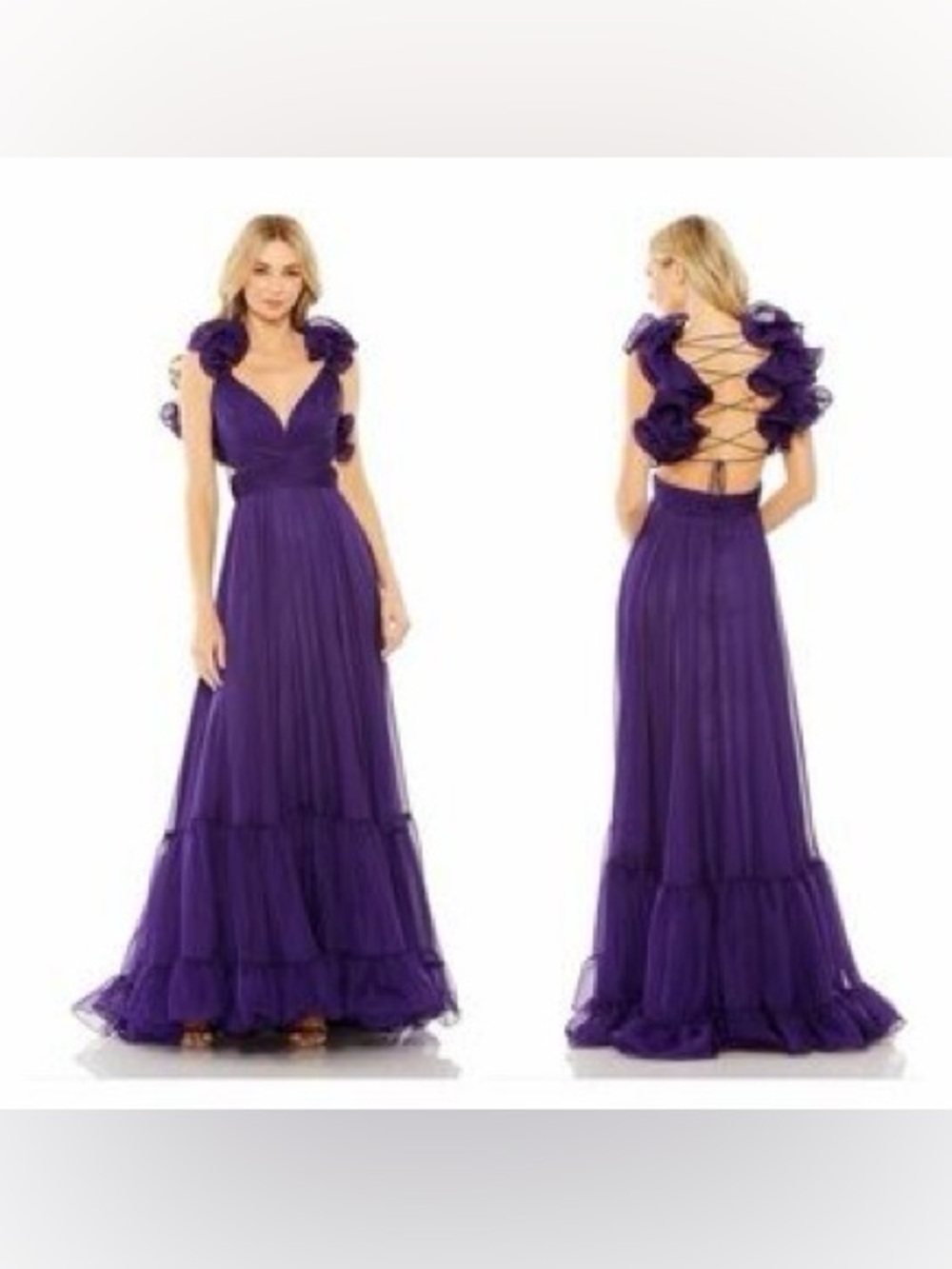 Mac Duggal 67911 Chiffon Cut-Out floral Strappy Back Detail Tiered Ruffle gown